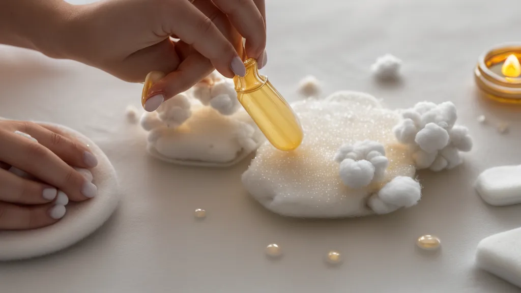 Manos aplicando ácido mandélico en un disco de algodón durante un peeling químico casero de verano