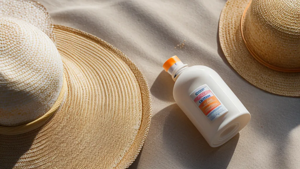 Protector solar y sombrero de paja para la protección solar después de un peeling en pleno verano