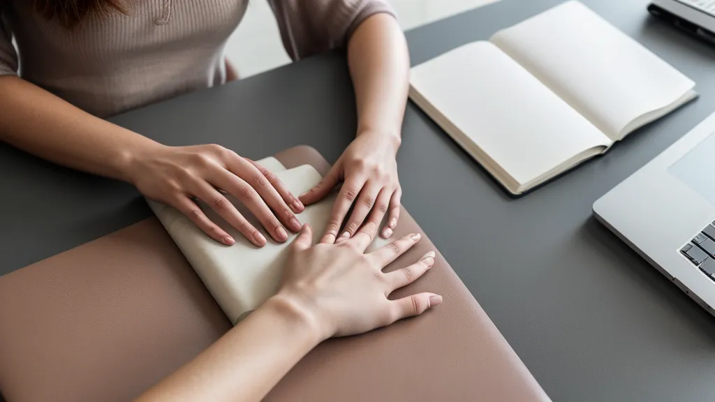 Manos cortando cinta kinesiológica para taping facial en una mesa de madera