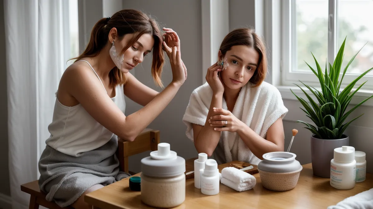 Peeling enzimático en casa: frasco y cuaderno sobre la mesita donde pruebo mi exfoliación suave de los sábados