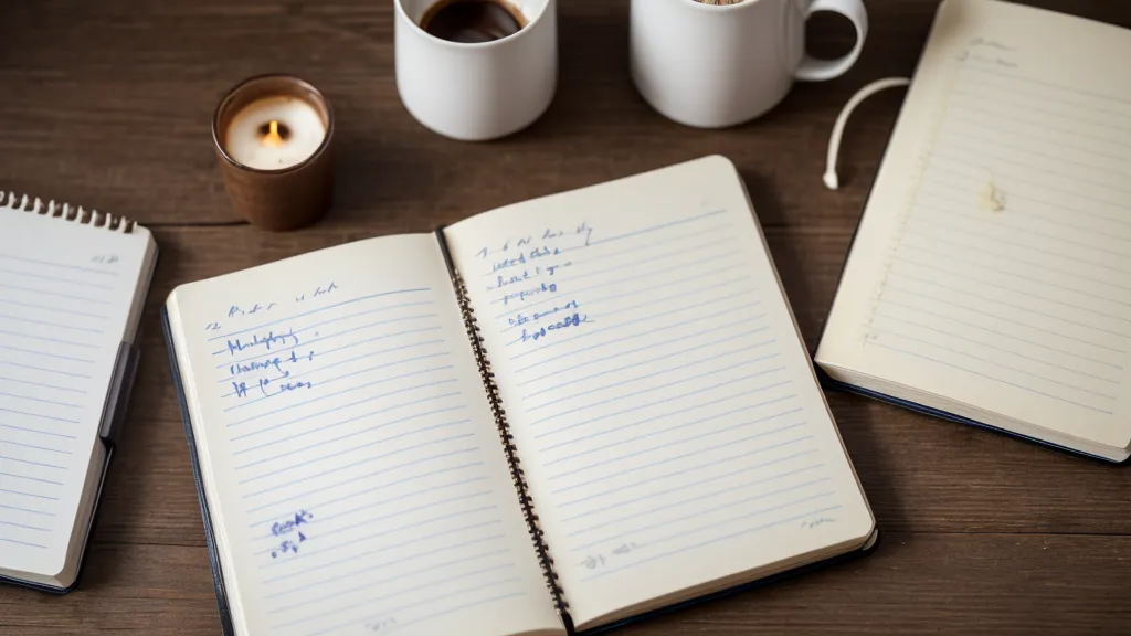 Cuaderno de notas con mancha de café junto a gel conductor para sesiones de radiofrecuencia facial en casa.